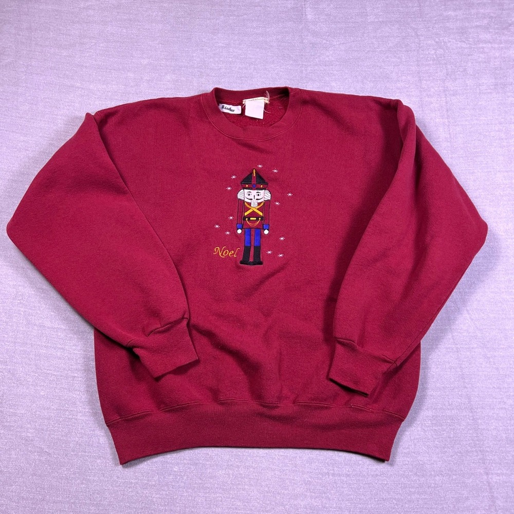Vintage Nutcracker Noel Christmas Sweatshirt Womens XL Maroon Red Embroidered